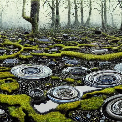 Image similar to panoramic view, superintelligent ecological matrix of moss and lichen dotted biomechanical trees growing on junkyard heaps of electronics and automobiles among puddles of glistening oil, artists bev doolittle and philippe caza, high contrast cinematic light, mystical shadows, sharp focus, octane render, three dimensional autostereogram optical illusion, repeating patterns