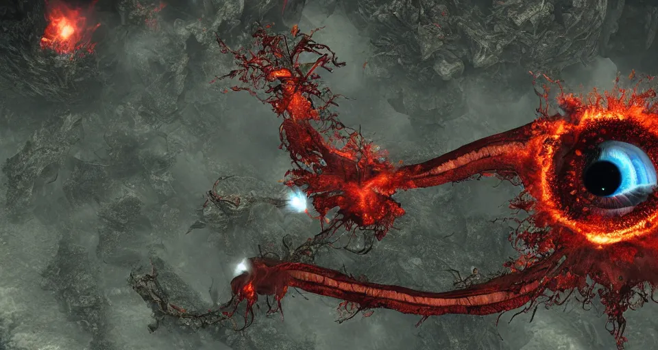 Image similar to a volcano made of ivory vines and crimson rocks enters in eruption, it spits a smoke in the shape of demonic eye, from Lineage 2