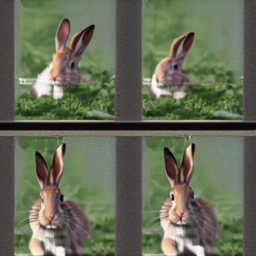 Image similar to a rabbit jumping up over a fence, shown as a film strip showing sequential stills starting from time 0 : 0 0 from the video clip in a grid