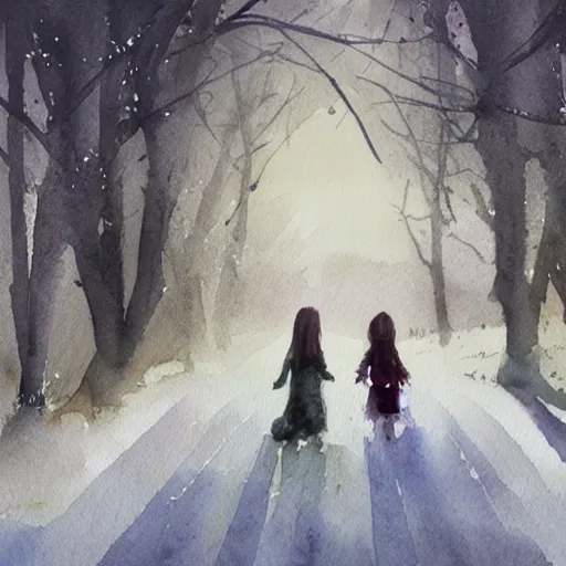 Prompt: concept art, young girls walk through field, artstation, watercolor, late evening, wintry, snow