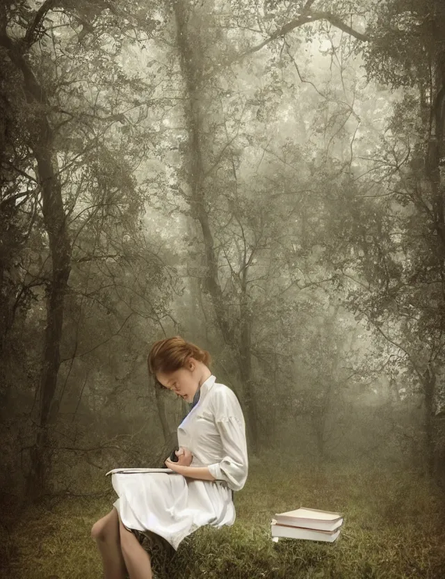 Image similar to Girl in white reading a book sitting on a tree in a foggy forest, Cinematic focus, Polaroid photo, vintage, neutral colors, soft lights, by Steve Hanks, by Serov Valentin, by lisa yuskavage, by Andrei Tarkovsky 8k render, detailed, oil on canvas