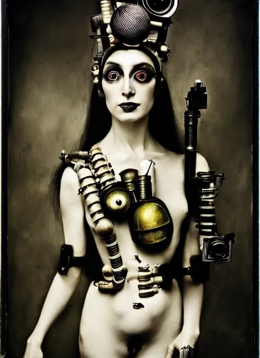 Prompt: photography of beautyful female android steampunk by joel peter witkin,