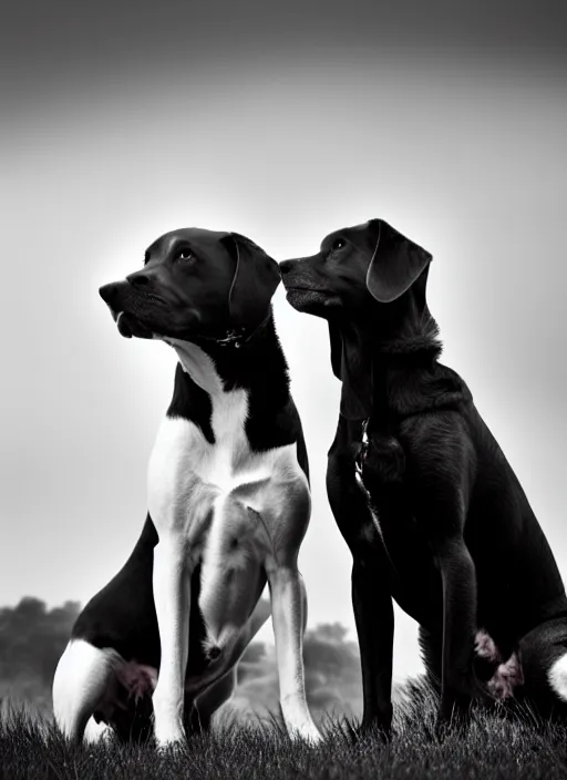 Image similar to two dogs black and white portrait white sky in background