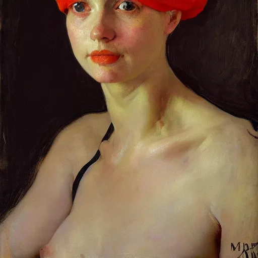 Prompt: stunning masterful portrait of a striking European pale woman with short pink hair wearing a black French beret and high cheek bones by Andrew Wyeth, John Singer Sargent, and Norman Rockwell, natural light, oil painting, ethereal, earth tones, strong brushwork