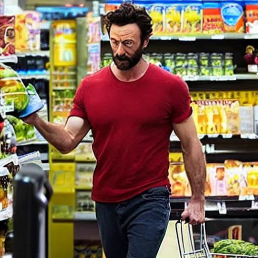 Prompt: high jackman as wolverine grocery shopping with claws akimbo