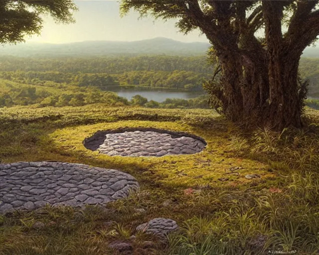 Prompt: a swampy hill landscape with a circle of large stones in the shape of a finger, by ted nasmith