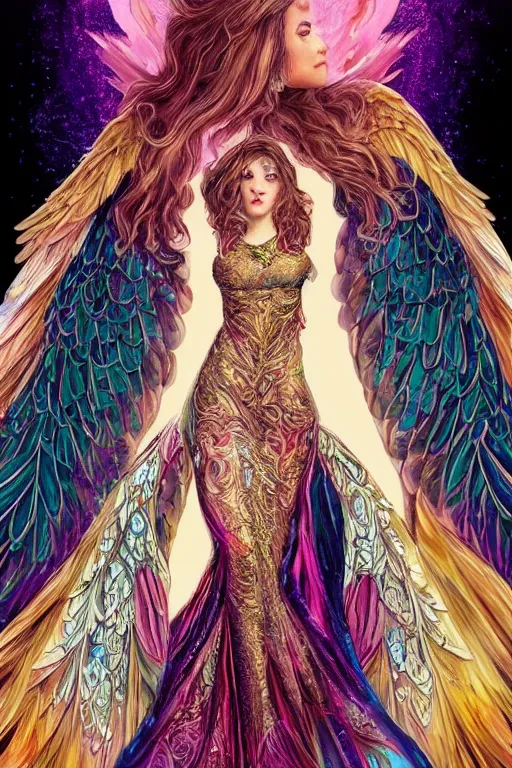 Prompt: a super realistic young woman, angelic wings, fantasy, intricate, synthwave, retrowave, colorful, vibrant, highly-detailed, elegant, dramatic lighting, gorgeous face, lifelike, photorealistic face, long luxurious intricate gown, digital painting, artstation, illustration, concept art, smooth, sharp focus, art by Jude Palencar, Luis Royo, John Collier, artgerm, and Albert Aublet and Krenz Cushart and Artem Demura and Alphonse Mucha