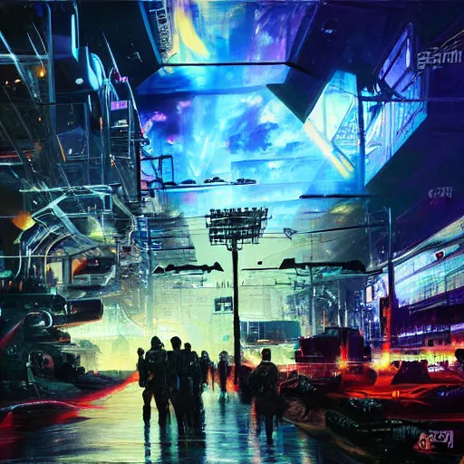 Prompt: world war in the year of 2 0 7 0, futuristic technologies, neon lights, oil painting, highly detailed