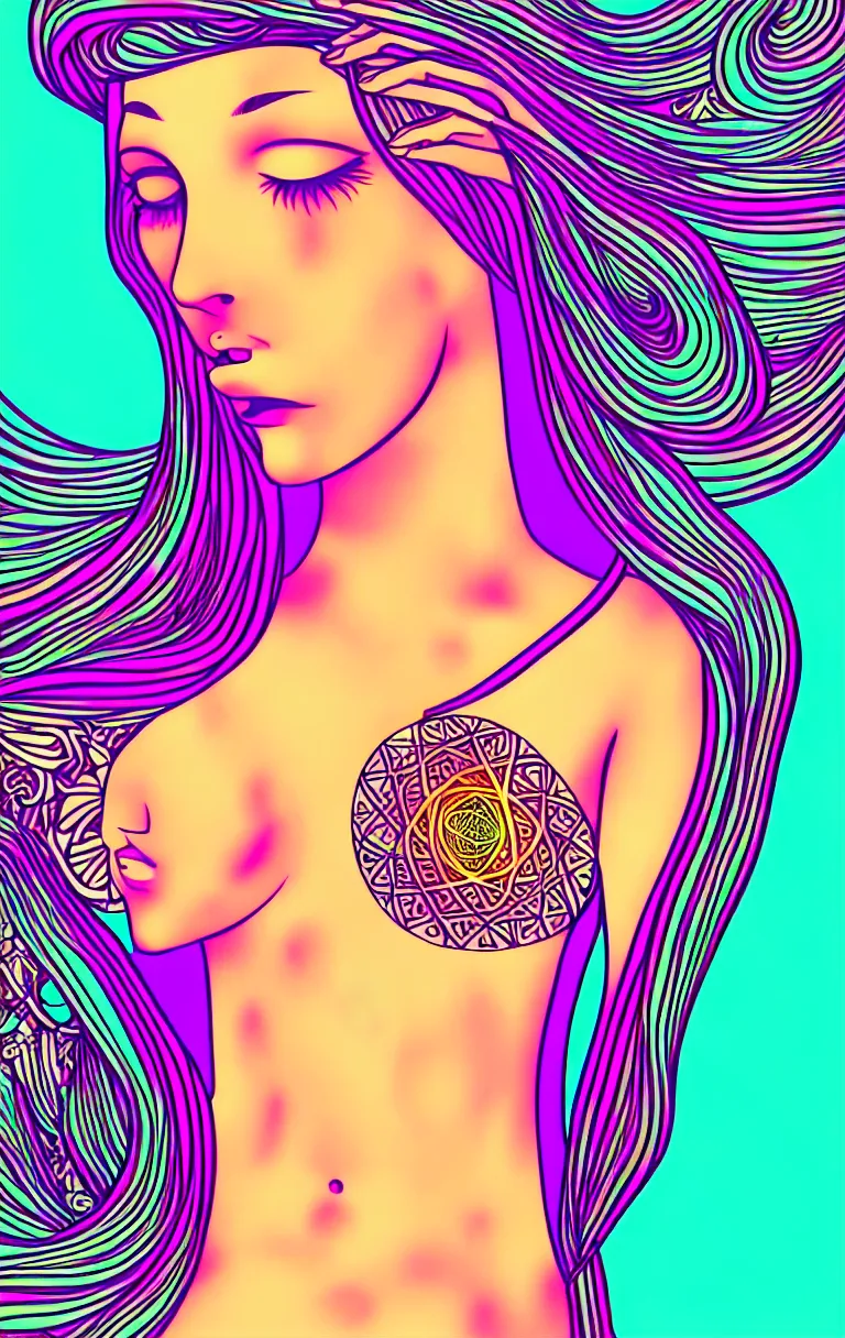 Image similar to beautiful hippie girl illustration, closeup in bikini over psychedelic sacred geometry hallucination