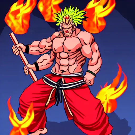 Prompt: a nihonga style shogun that is akuma from street fighter surrounded by flames