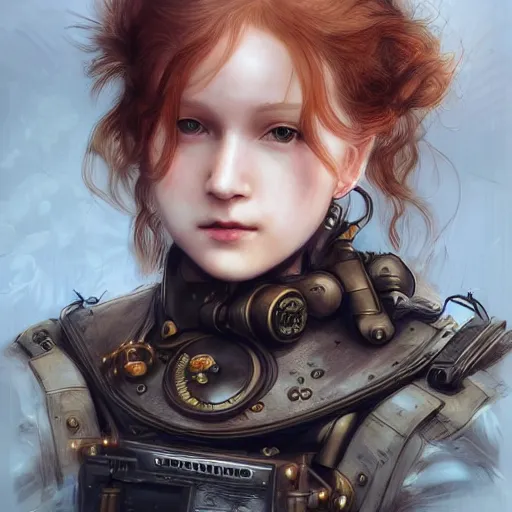 Image similar to portrait of a girl by ayami kojima, scottish, she is about 2 0 years old, wavy redhead, annoying little sister vibes, she is wearing a steampunk tactical gear, highly detailed portrait, digital painting, artstation, concept art, smooth, sharp foccus ilustration, artstation hq