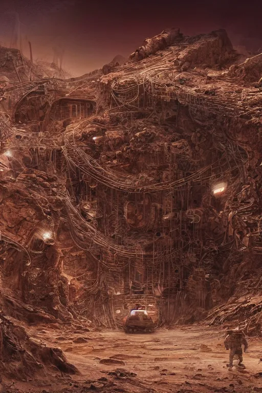 Image similar to industrial minning entrance in a quarry in the middle of the desert of Mars planet at night dust storm concept art by yoshitaka amano and H.R. Giger, intricate detail, 8k, featured art