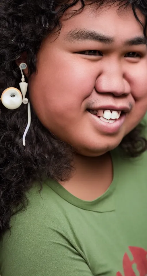 Image similar to close up photograph of a fat filipino teenage man smiling with crooked teeth, a curly perm, small studded earings, 4 k, photorealistic, high detail by annie leibovitz