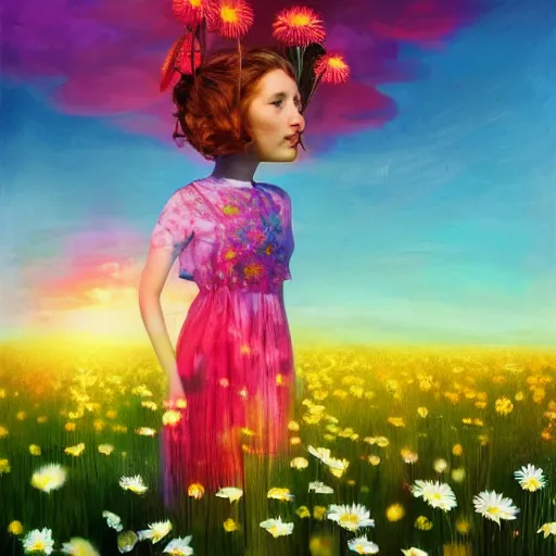 Image similar to giant daisy flower head, portrait of girl in flower field, holding daisy, surreal photography, sunrise, impressionist painting, colorful clouds, digital painting, artstation, simon stalenhag, flower face