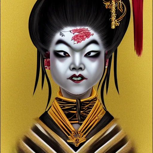 Image similar to realistic full body photo of demon geisha, gorgeous, scary, symmetrical, golden ration, high detail