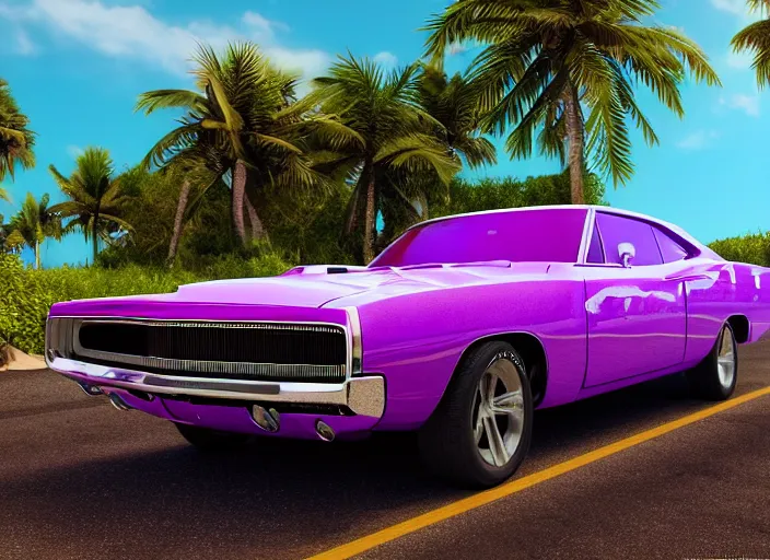 Image similar to hyperrealism, detailed textures, photorealistic 3 d render, a dreamy beach in cuba, a 1 9 7 0 hemi charger with plum crazy purple colour scheme, mickey thompson tires, centrerline rims, sharp focus, ultra realistic, ultra high pixel detail, cinematic, intricate, cinematic light, concept art, illustration, art station, unreal engine 8 k