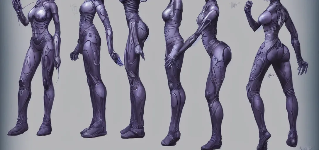 Image similar to character sheet concept art of cortana, realistic, hyper realistic, photographic, costume, by marc brunet and artgerm