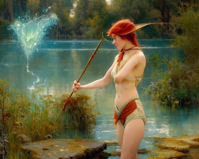 Prompt: attractive wizard casting water spell in a beautiful lake. highly detailed painting by gaston bussiere, craig mullins, j. c. leyendecker 8 k