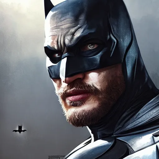 Image similar to closeup portrait of tom hardy as batman, city background, dramatic light, gorgeous view, depth, high detail, digital art, painted by greg rutkowski, trending on artstation