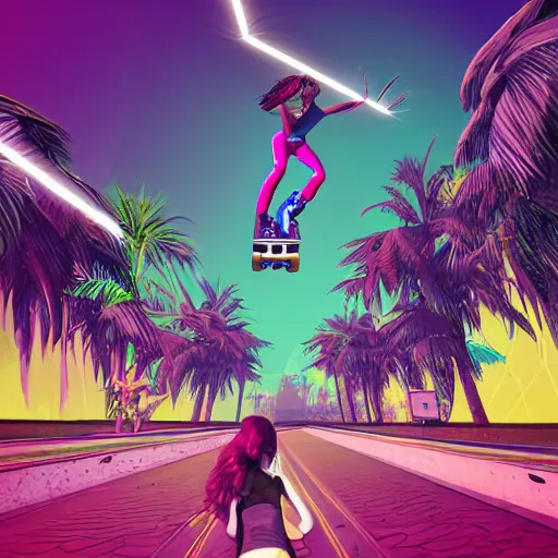 Image similar to aestethic, vibes, synthwave, cyperpunk girl riding a flying skateboard along the coastline