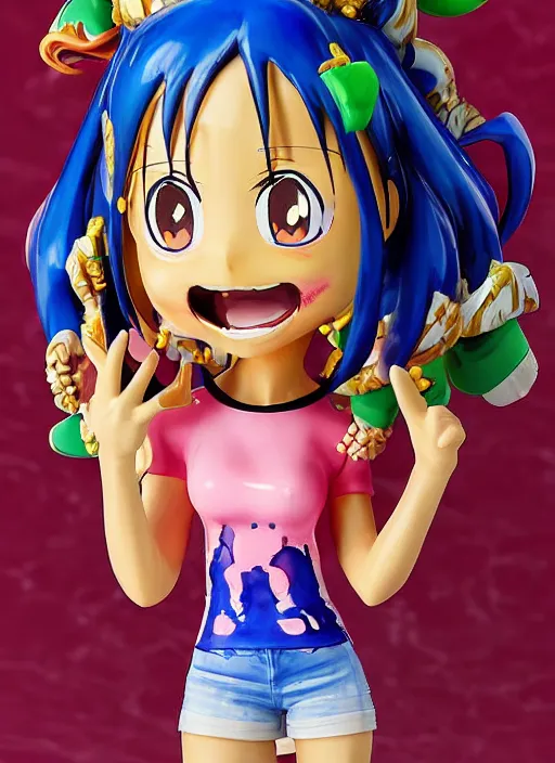 Image similar to a lifelike oil painting of an anime girl figurine caricature with a big dumb grin featured on splatoon by arthur szyk made of madballs