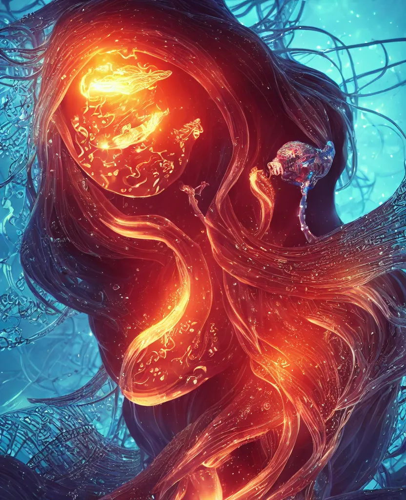 Image similar to close-up macro portrait of the face of a beautiful princess, epic angle and pose, symmetrical artwork, 3d with depth of field, blurred background, cybernetic jellyfish female face skull phoenix bird, translucent, nautilus, energy flows of water and fire. a highly detailed epic cinematic concept art CG render. made in Maya, Blender and Photoshop, octane render, excellent composition, cinematic dystopian brutalist atmosphere, dynamic dramatic cinematic lighting, aesthetic, very inspirational, arthouse. y Greg Rutkowski, Ilya Kuvshinov, WLOP, Stanley Artgerm Lau, Ruan Jia and Fenghua Zhong