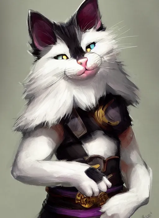 Image similar to male cat white and black fur, pink nose, missing one eye cute and adorable, pretty, beautiful, dnd character art portrait, 1 0 pounds, matte fantasy painting, deviantart artstation, by jason felix by steve argyle by tyler jacobson by peter mohrbacher, cinematic lighting