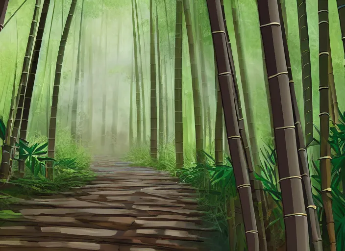 Image similar to deep in a japanese bamboo forest, worn down path middle frame, rule of thirds, sunny, cartoony, anime style, mid day, realistic lighting, by ghibli studio, arcane, wild rift, trending on artstation, 4 k, hd