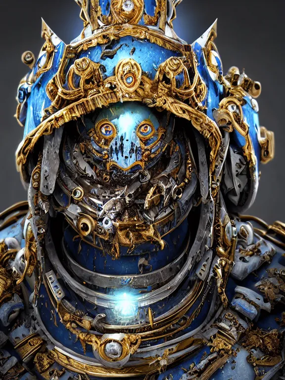 Prompt: portrait art of 8k ultra realistic undead corrupted blue space marine king, ornate intricate crown, smashed glass helmet , detailed intricate ornate armour,decaying, cybernetic, full of colour, cinematic lighting, battered, trending on artstation, 4k, hyperrealistic, focused, extreme details,unreal engine 5, cinematic, masterpiece, art by ayami kojima, giger