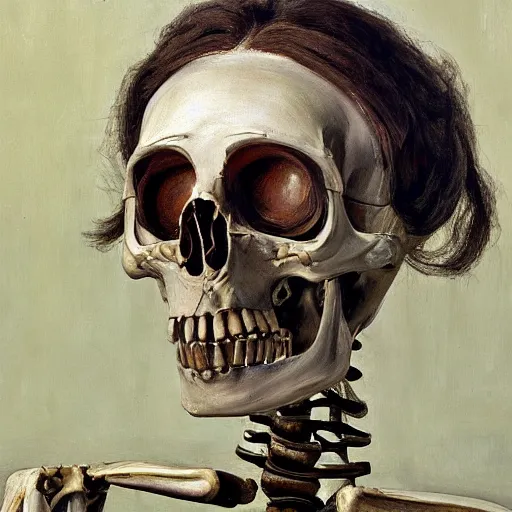 Prompt: high quality high detail painting by lucian freud, hd, woman with mech skeleton