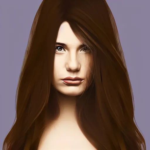 Prompt: portrait of a young woman with long brown hair, simple style, digital art, saturated