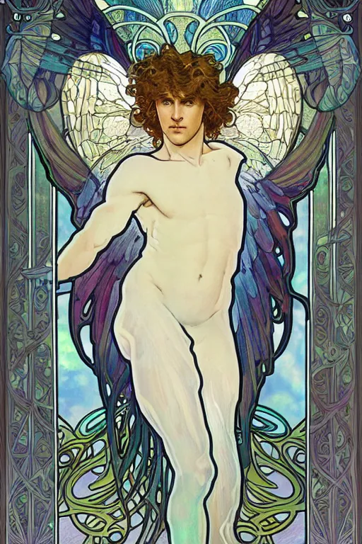 Prompt: full figure art nouveau window depicting a beautiful young fit male angel with curly blond hairs, dressed with fluent clothes, majestic wings, luminous halo, by alfons mucha, d & d character, gradient white to gold, in front of an iridescent background, highly detailed portrait, digital painting, artstation, concept art, smooth, sharp focus, illustration, artstation hq