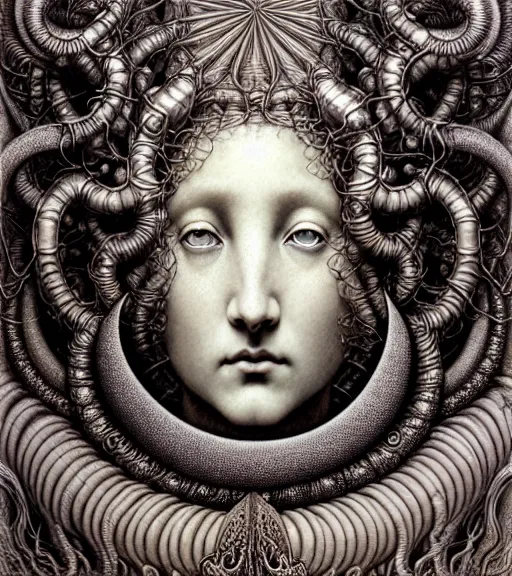 Image similar to detailed realistic beautiful moon god face portrait by jean delville, gustave dore, iris van herpen and marco mazzoni, art forms of nature by ernst haeckel, art nouveau, symbolist, visionary, gothic, neo - gothic, pre - raphaelite, fractal lace, intricate alien botanicals, ai biodiversity, surreality, hyperdetailed ultrasharp octane render