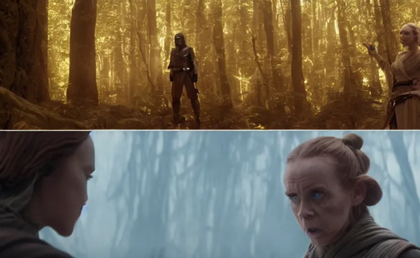 Prompt: cinematic still image screenshot portrait of luke skywalker in yellow cape / talking to maz kanata from the force awakens / ahsoka tano is listening / mara jade stands by / dramatic scene from force awakens crisp 4 k 7 0 mm imax, moody iconic scene, directed by jj abrams, beautiful glowing backlit, forest pink fog planet