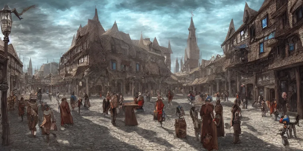 Prompt: empty marketplace full of merchants in an old medieval town, fantasy apocalypse, digital art, 4 k,