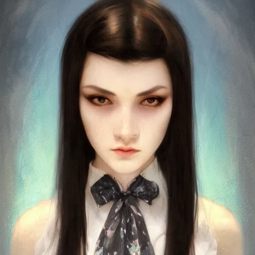 Prompt: of english teenage girl with black hair, china blue eyes, pale glowing skin, beautiful sinister features, no makeup, elegant fashion model, fantasy, intricate, elegant, dress shirt and tie, highly detailed, digital painting, artstation, concept art, smooth, sharp focus, illustration, art by Krenz Cushart and Artem Demura and alphonse mucha