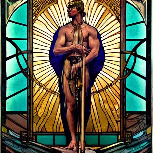 Image similar to a dramatic ethereal epic symmetrical painting of a handsome augustus caesar | tarot card, art deco, art nouveau, steampunk, realistic | by louis comfort tiffany and alphonse mucha | trending on artstation