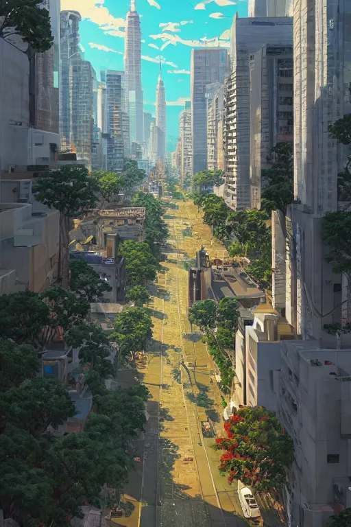 Prompt: Avenida paulista at são paulo artwork by Tomer Hanuka Rendering with an giant dragonfly devastating it. full of details, by Makoto Shinkai and thomas kinkade, Matte painting, trending on artstation and unreal engine