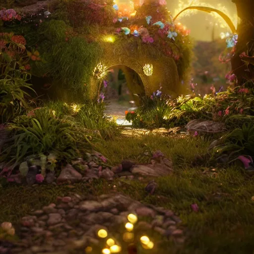 Image similar to fairy glowing magically at night concept art, realistic garden, beautiful, glorious, matte painting, highly detailed, trending on artstation, 4 k, rendered in octane, unreal engine