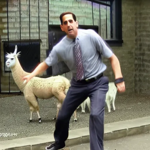 Prompt: High quality photo of Michael Scott doing parkour with a llama