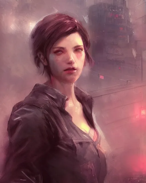 Prompt: beautiful charismatic, rugged jill valentine, face centered portrait, confident, ruined cityscape, fog, rain, volumetric lighting, soft light particles floating near her, illustration, perfectly shaded, soft painting, art by krenz cushart and wenjun lin
