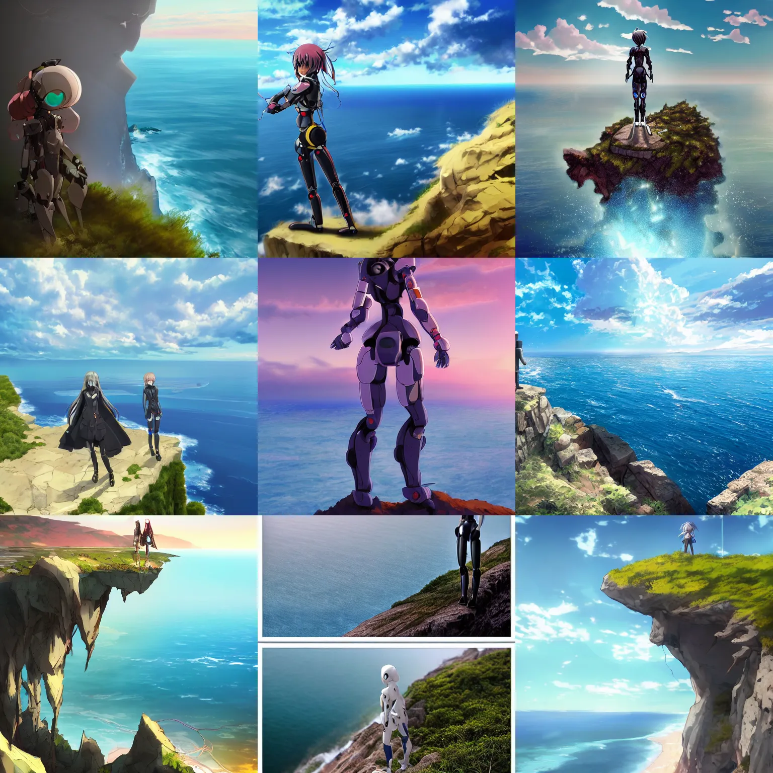 Prompt: ( anime!! humanoid robot ) ( standing on top of a large cliff ) overlooking the sea, anime!! with an island far on the horizon, artistic, artstation