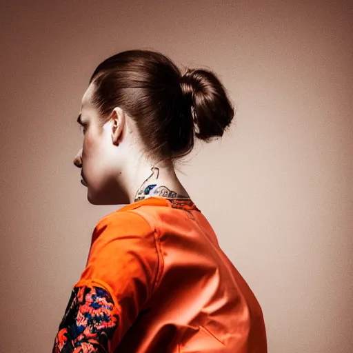 Image similar to portrait of a woman with flower tatoos, brown hair tied, red jacket and orange background, studio lighting