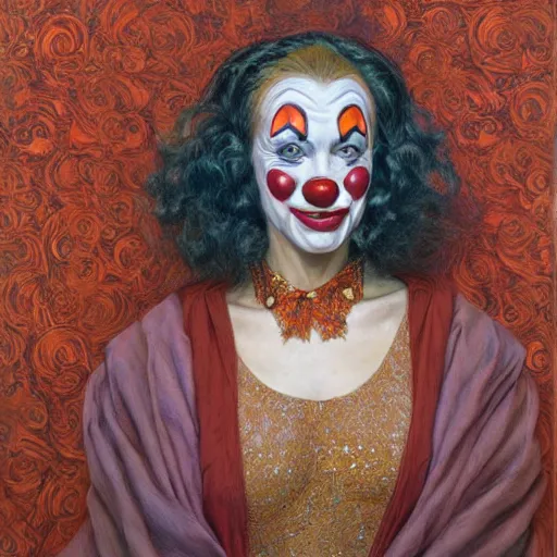 Image similar to portrait of a woman with a painted wood mask, clown pattern, by donato giancola.