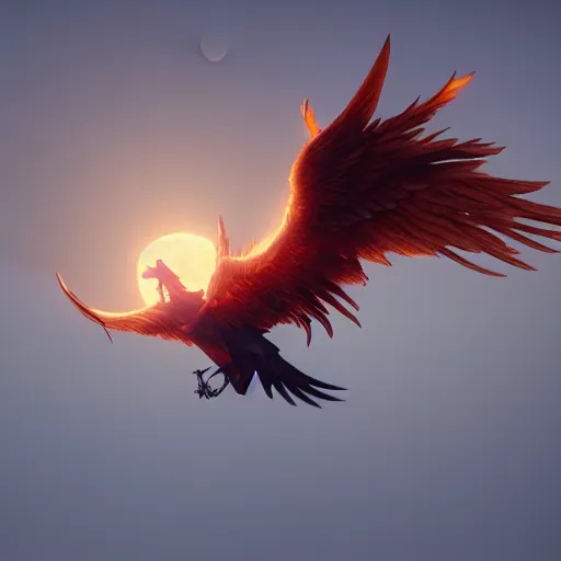 Prompt: phoenix flying in front of the moon, glowing light, fire, unreal engine, octane render, greg rutkowski, 8 k