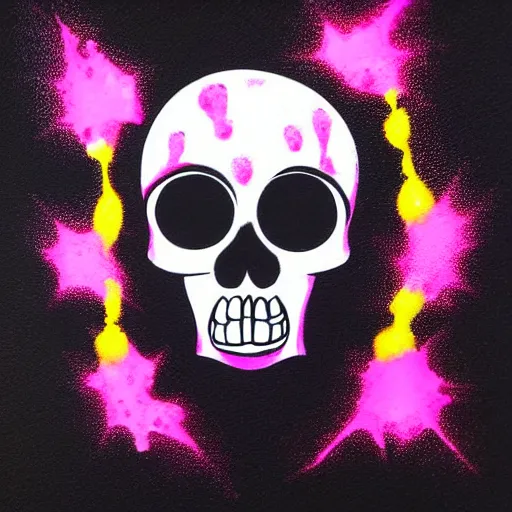 Prompt: a cartoon skull spray painted on a black background with dripping pink spray paint, pixel art, three fourths view, black background!!!!!