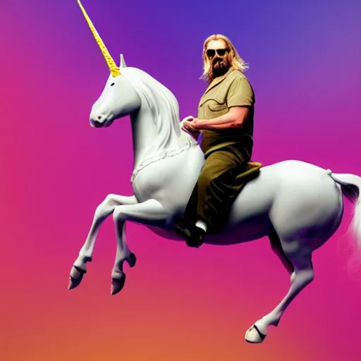 Image similar to big lebowski riding a unicorn, cinematic lighting, award winning photography