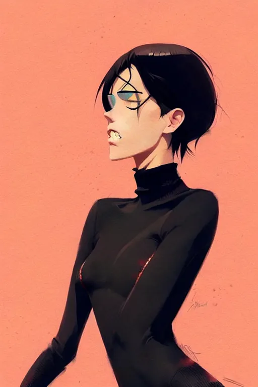 Image similar to a ultradetailed half body painting of a stylish woman in a black turtleneck by conrad roset, greg rutkowski and makoto shinkai trending on artstation