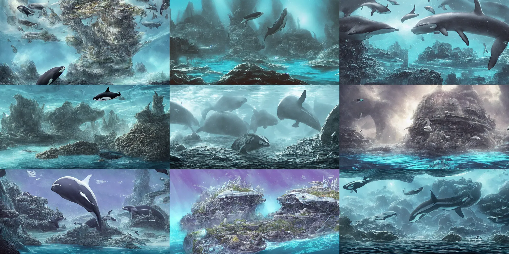 Image similar to civilization underwater created by orcas, submerged city made with coral and rock by killer whales, fantasy scifi illustration