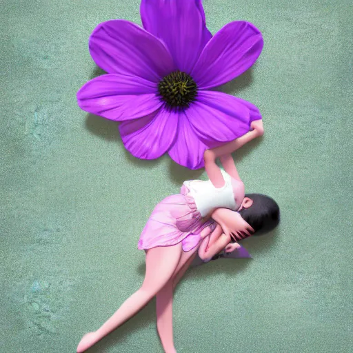 Image similar to girl sleeping on a big flower, 3 d render, incredible details, highly detailed, photorealistic, disney pixar, smooth, octane render, iridescent, 8 k